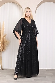 Kadın Büyük Beden Degaje Yaka Siyah Abiye Elbise