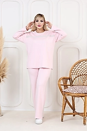 Oşho kumaş Uzun Kollu Biye Detaylı Rahat Kalıp Spor Günlük Eşofman Takım Pembe