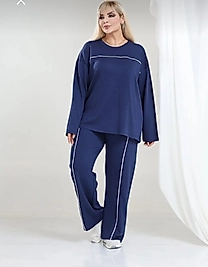 Kadın Büyük Beden Oşho Tarzı Modal Kumaş Uzun Kollu Biyeli Rahat Günlük Takım