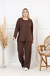 Oşho kumaş Uzun Kollu Biye Detaylı Rahat Kalıp Spor Günlük Eşofman Takım Kahverengi