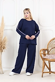 Oşho kumaş Uzun Kollu Biye Detaylı Rahat Kalıp Spor Günlük Eşofman Takım Lacivert