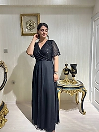 Kadın Büyük Beden Degaje Yaka Abiye Elbise