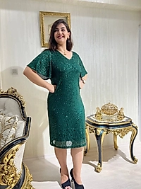 Büyük Beden Yeşil Ful Payetli Midi Boy Abiye Elbise